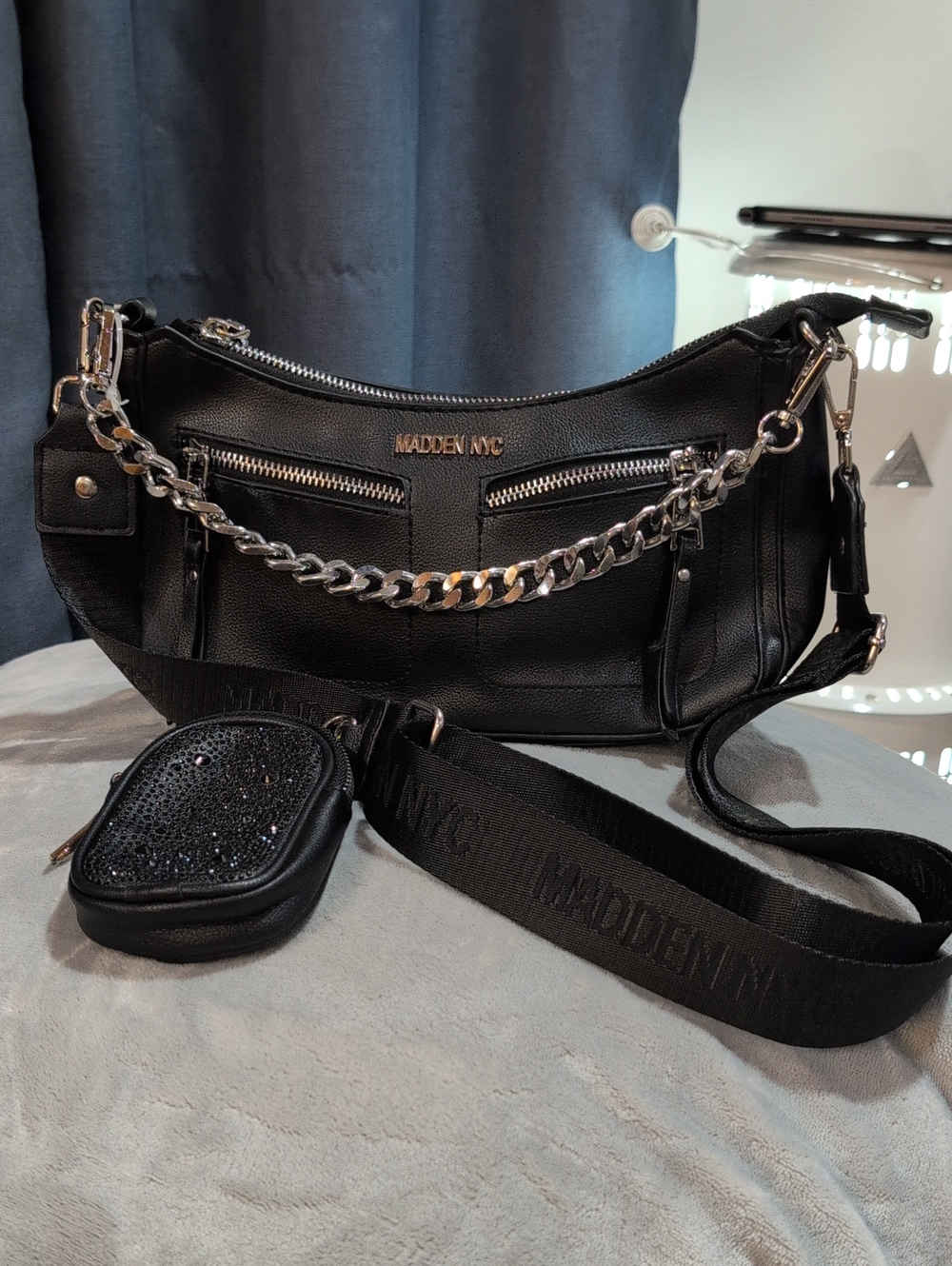 Madden NYC Black Convertible Shoulder Bag with Chain and Strap